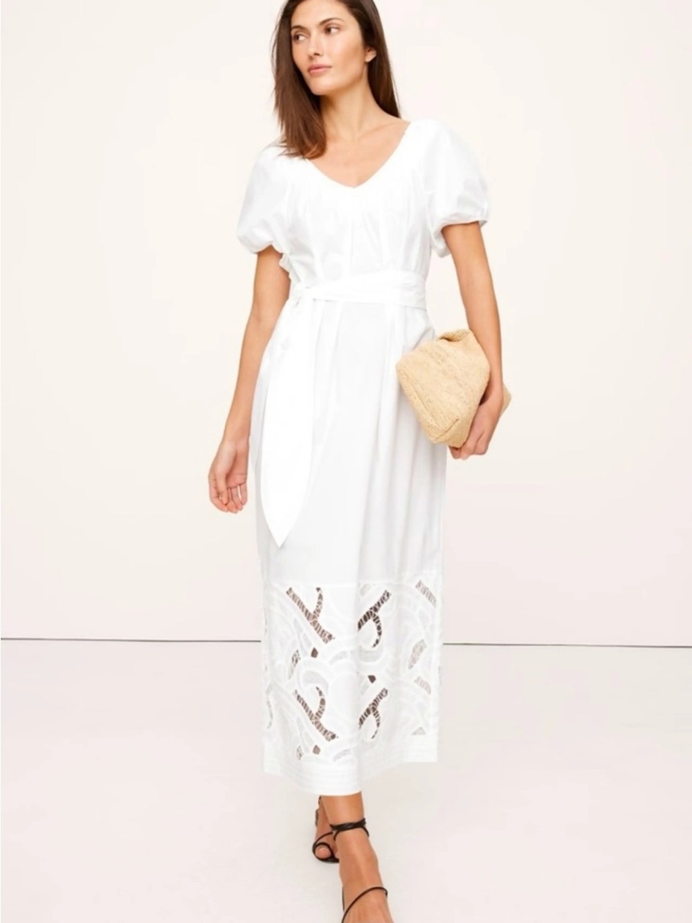 Banana Republic White Puff-Sleeve Midi Dress with Eyelet Hem